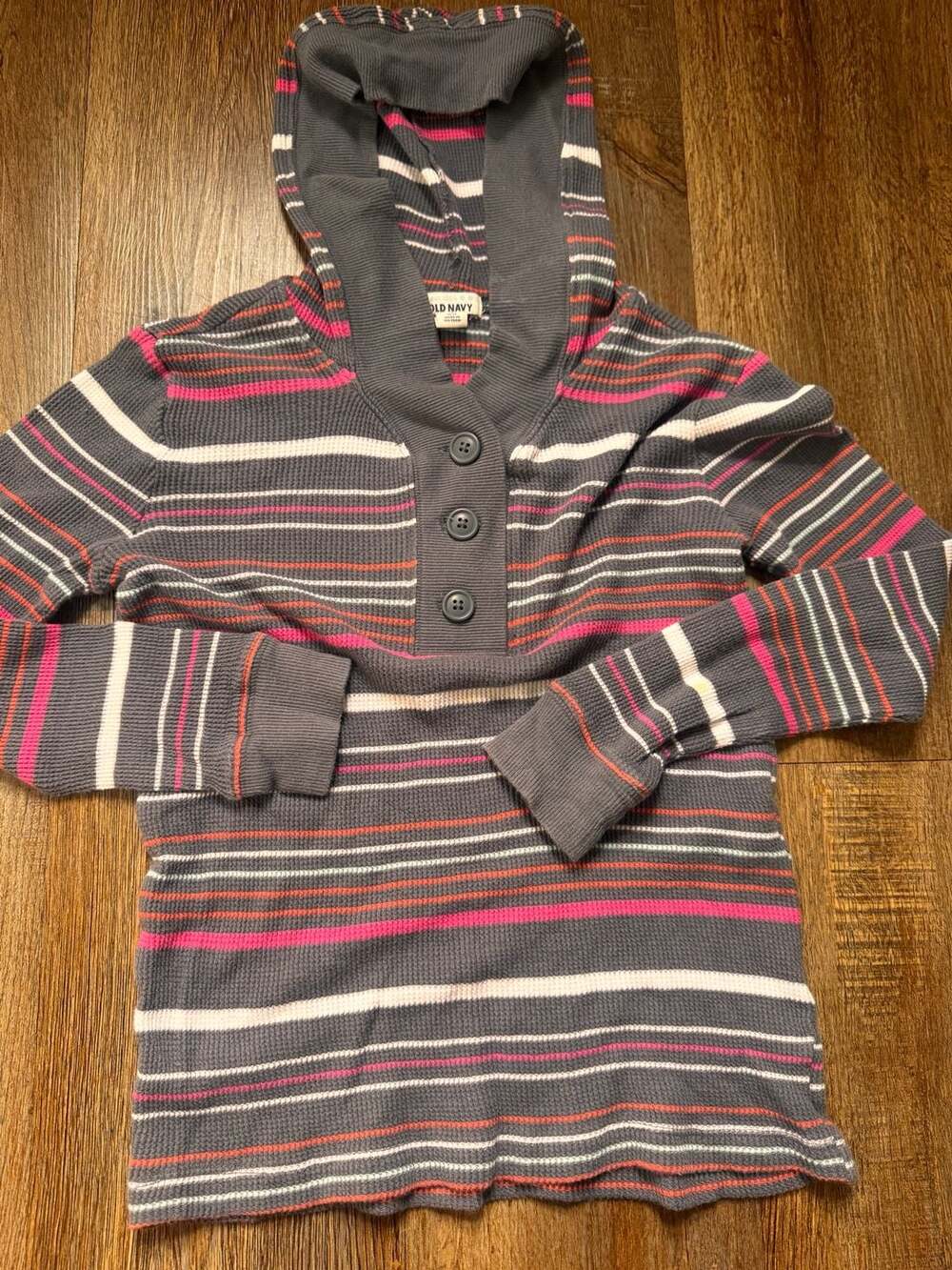 Y2K Old Navy Striped Waffle Hoodie Size L 10-12 Grey Pink